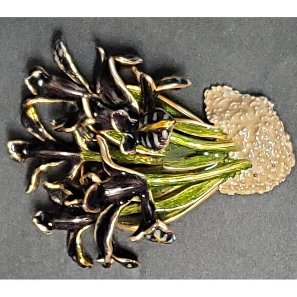 VTG Brooch Enamel Cloisonne Iris Flower Sign World Wide Imports MCM Blk/Grn Pin - Picture 7 of 14
